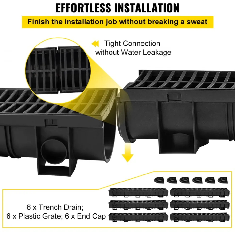 VEVOR Trench Drain System, Channel Drain with Plastic Grate, 5.9x5.1-Inch HDPE Drainage Trench, Black Plastic Garage Floor Drain, 6x39 Trench Drain Grate, with 6 End Caps, for Garden, Driveway-6 Pack