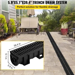 VEVOR Trench Drain System, Channel Drain with Plastic Grate, 5.9x5.1-Inch HDPE Drainage Trench, Black Plastic Garage Floor Drain, 6x39 Trench Drain Grate, with 6 End Caps, for Garden, Driveway-6 Pack