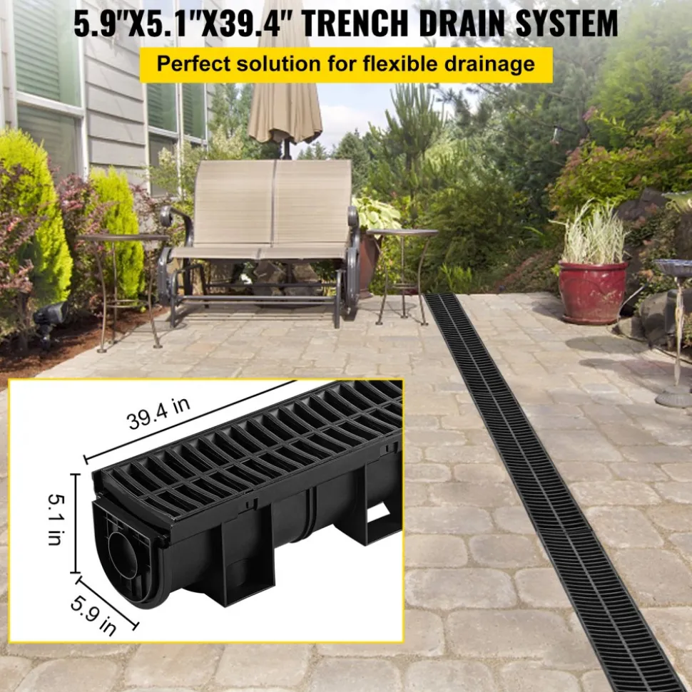 VEVOR Trench Drain System, Channel Drain with Plastic Grate, 5.9x5.1-Inch HDPE Drainage Trench, Black Plastic Garage Floor Drain, 6x39 Trench Drain Grate, with 6 End Caps, for Garden, Driveway-6 Pack