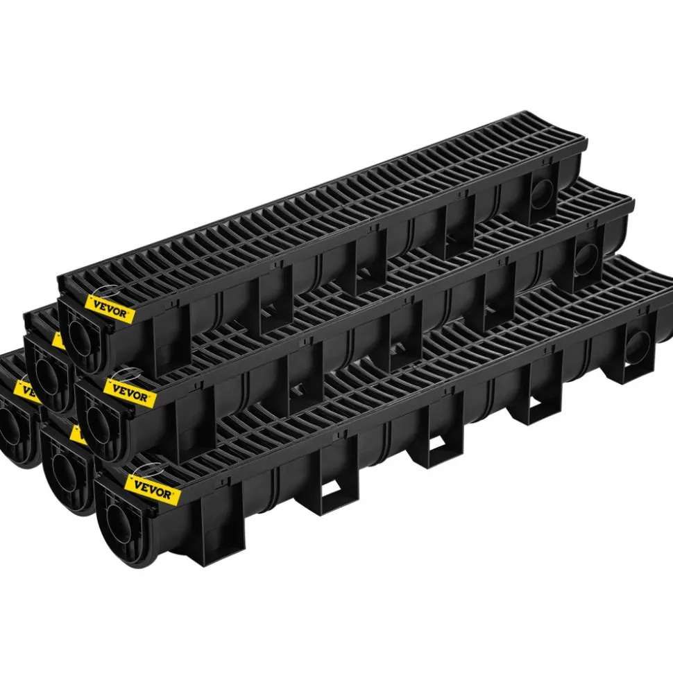 VEVOR Trench Drain System, Channel Drain with Plastic Grate, 5.9x5.1-Inch HDPE Drainage Trench, Black Plastic Garage Floor Drain, 6x39 Trench Drain Grate, with 6 End Caps, for Garden, Driveway-6 Pack