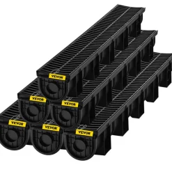 VEVOR Trench Drain System, Channel Drain with Plastic Grate, 5.9x5.1-Inch HDPE Drainage Trench, Black Plastic Garage Floor Drain, 6x39 Trench Drain Grate, with 6 End Caps, for Garden, Driveway-6 Pack