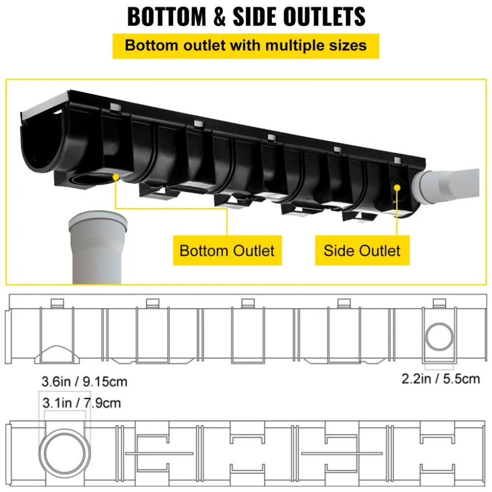 VEVOR Trench Drain System, Channel Drain with Metal Grate, 5.9x5.1-Inch HDPE Drainage Trench, Black Plastic Garage Floor Drain, 3x39 Trench Drain Grate, with 3 End Caps, for Garden, Driveway-3 Pack