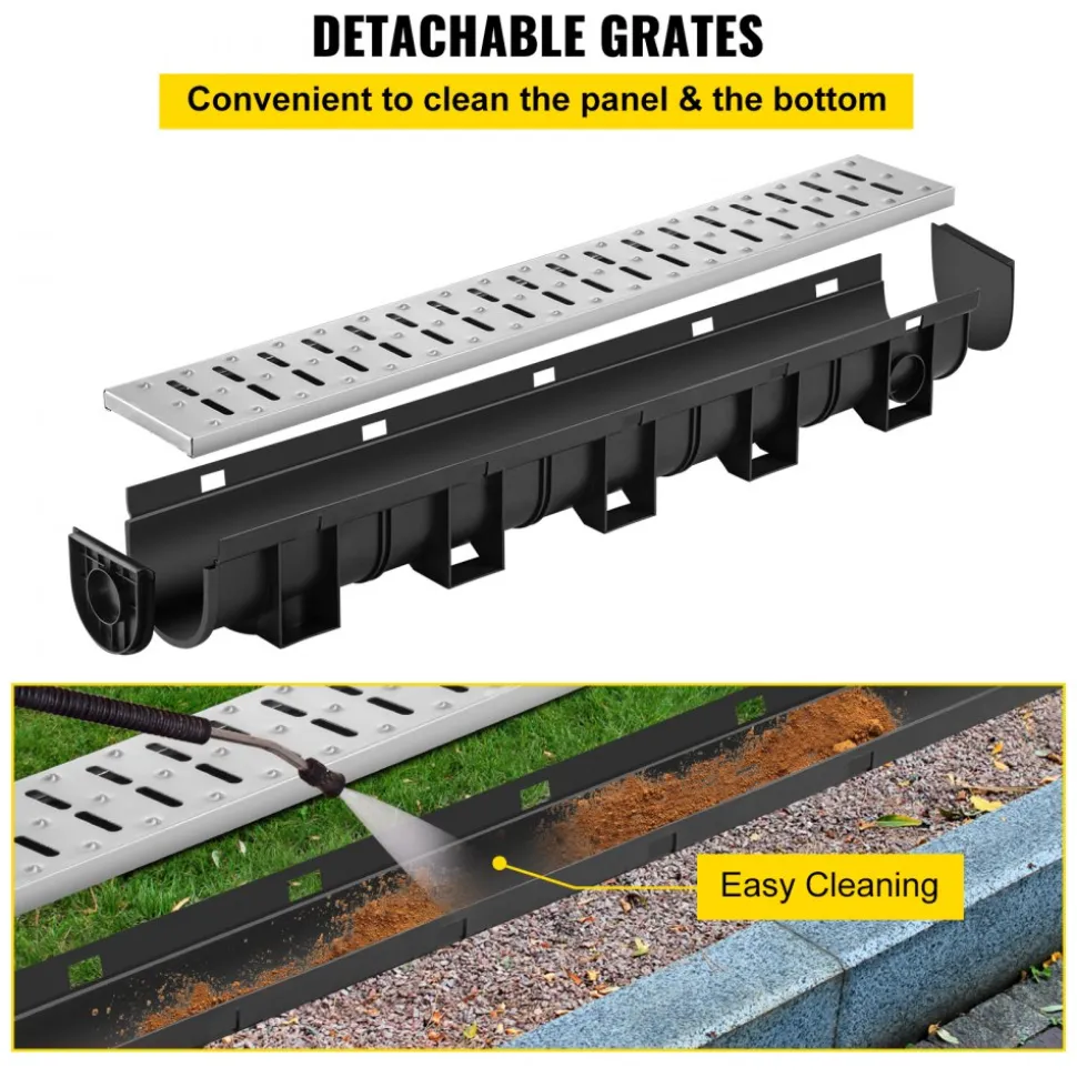 VEVOR Trench Drain System, Channel Drain with Metal Grate, 5.9x5.1-Inch HDPE Drainage Trench, Black Plastic Garage Floor Drain, 3x39 Trench Drain Grate, with 3 End Caps, for Garden, Driveway-3 Pack