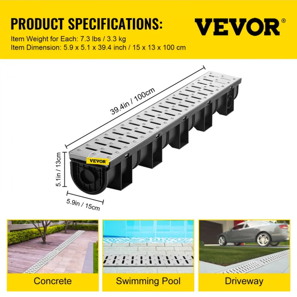 VEVOR Trench Drain System, Channel Drain with Metal Grate, 5.9x5.1-Inch HDPE Drainage Trench, Black Plastic Garage Floor Drain, 3x39 Trench Drain Grate, with 3 End Caps, for Garden, Driveway-3 Pack