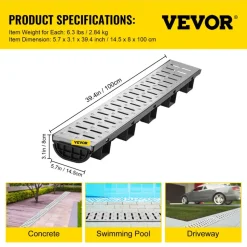 VEVOR Trench Drain System, Channel Drain with Metal Grate, 5.7x3.1-Inch HDPE Drainage Trench, Black Plastic Garage Floor Drain, 5x39 Trench Drain Grate, with 5 End Caps, for Garden, Driveway-5 Pack
