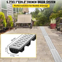 VEVOR Trench Drain System, Channel Drain with Metal Grate, 5.7x3.1-Inch HDPE Drainage Trench, Black Plastic Garage Floor Drain, 5x39 Trench Drain Grate, with 5 End Caps, for Garden, Driveway-5 Pack