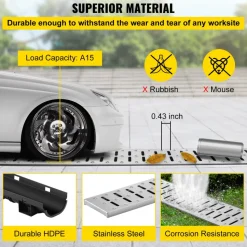 VEVOR Trench Drain System, Channel Drain with Metal Grate, 5.7x3.1-Inch HDPE Drainage Trench, Black Plastic Garage Floor Drain, 5x39 Trench Drain Grate, with 5 End Caps, for Garden, Driveway-5 Pack