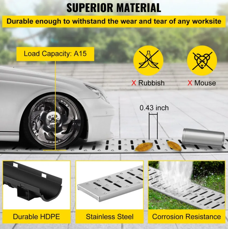 VEVOR Trench Drain System, Channel Drain with Metal Grate, 5.7x3.1-Inch HDPE Drainage Trench, Black Plastic Garage Floor Drain, 5x39 Trench Drain Grate, with 5 End Caps, for Garden, Driveway-5 Pack