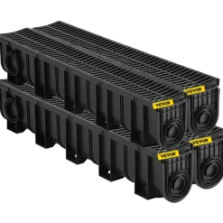 VEVOR Trench Drain System, Channel Drain with Plastic Grate, 5.9x7.5-Inch HDPE Drainage Trench, Black Plastic Garage Floor Drain, 4x39 Trench Drain Grate, with 4 End Caps, for Garden, Driveway-4 Pack