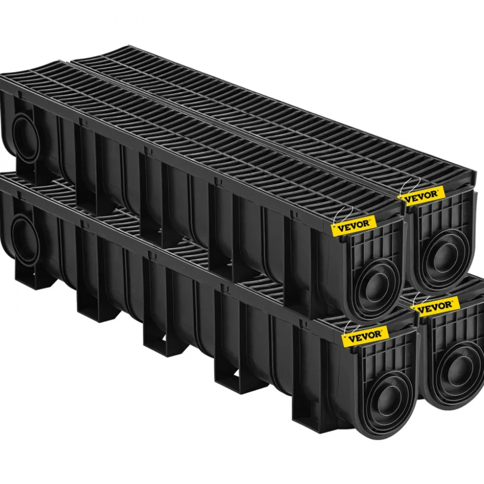 VEVOR Trench Drain System, Channel Drain with Plastic Grate, 5.9x7.5-Inch HDPE Drainage Trench, Black Plastic Garage Floor Drain, 4x39 Trench Drain Grate, with 4 End Caps, for Garden, Driveway-4 Pack