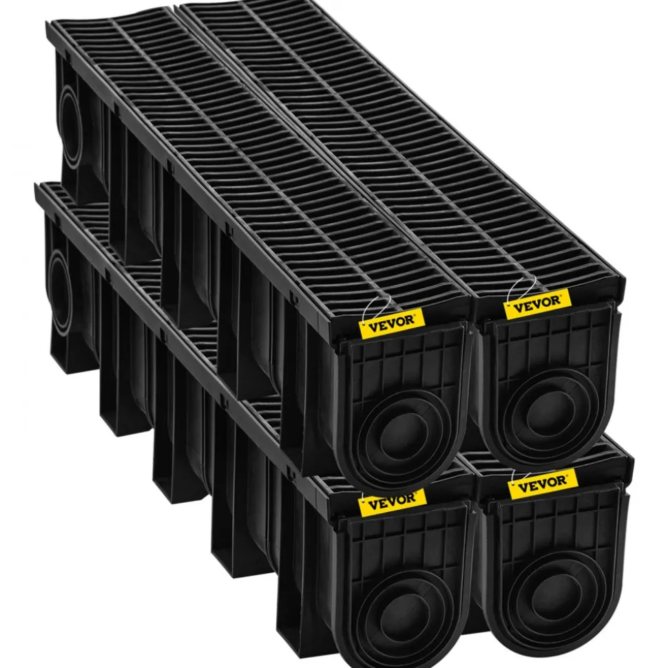 VEVOR Trench Drain System, Channel Drain with Plastic Grate, 5.9x7.5-Inch HDPE Drainage Trench, Black Plastic Garage Floor Drain, 4x39 Trench Drain Grate, with 4 End Caps, for Garden, Driveway-4 Pack