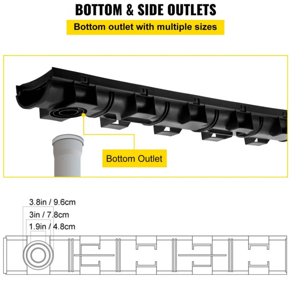 VEVOR Trench Drain System, Channel Drain with Plastic Grate, 5.9x7.5-Inch HDPE Drainage Trench, Black Plastic Garage Floor Drain, 5x39 Trench Drain Grate, with 5 End Caps, for Garden, Driveway-5 Pack