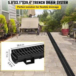 VEVOR Trench Drain System, Channel Drain with Plastic Grate, 5.9x7.5-Inch HDPE Drainage Trench, Black Plastic Garage Floor Drain, 5x39 Trench Drain Grate, with 5 End Caps, for Garden, Driveway-5 Pack
