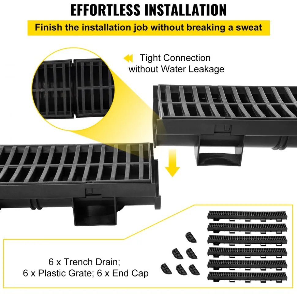 VEVOR Trench Drain System, Channel Drain with Plastic Grate, 5.9x7.5-Inch HDPE Drainage Trench, Black Plastic Garage Floor Drain, 5x39 Trench Drain Grate, with 5 End Caps, for Garden, Driveway-5 Pack