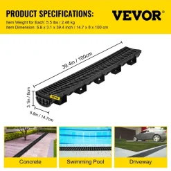 VEVOR Trench Drain System, Channel Drain with Plastic Grate, 5.9x7.5-Inch HDPE Drainage Trench, Black Plastic Garage Floor Drain, 5x39 Trench Drain Grate, with 5 End Caps, for Garden, Driveway-5 Pack