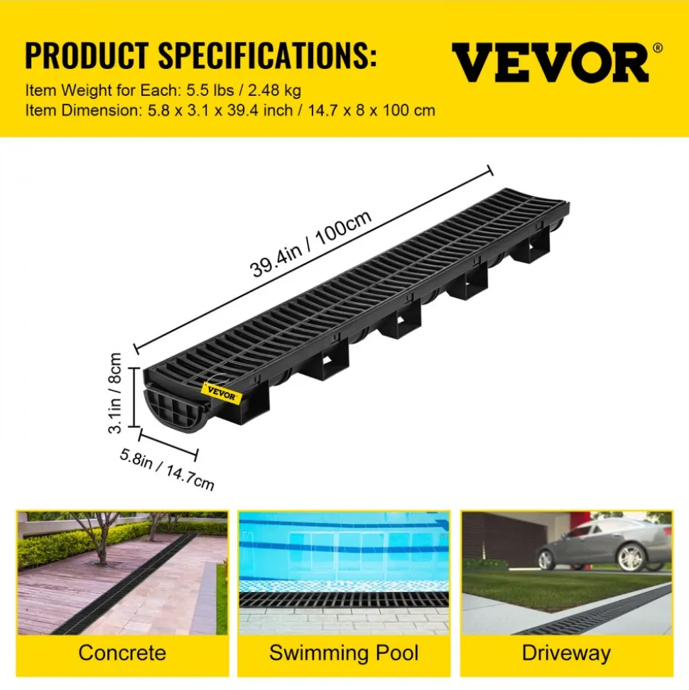 VEVOR Trench Drain System, Channel Drain with Plastic Grate, 5.9x7.5-Inch HDPE Drainage Trench, Black Plastic Garage Floor Drain, 5x39 Trench Drain Grate, with 5 End Caps, for Garden, Driveway-5 Pack