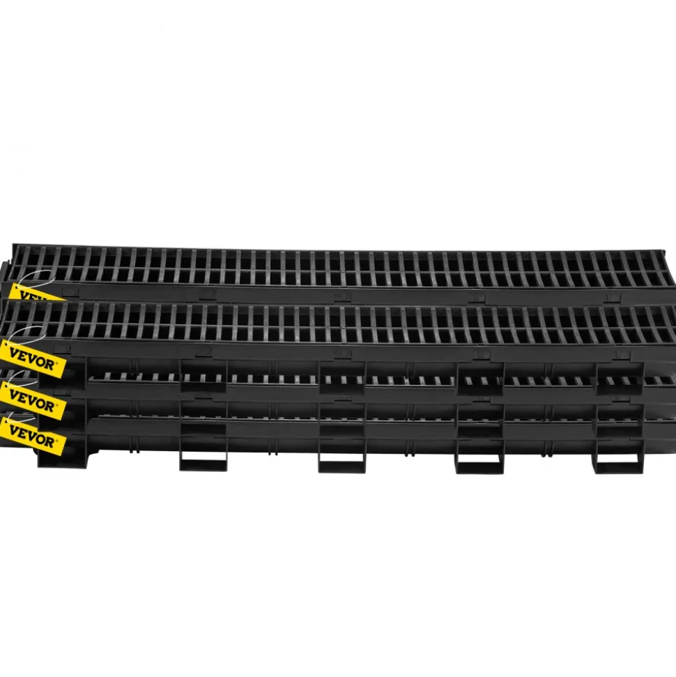 VEVOR Trench Drain System, Channel Drain with Plastic Grate, 5.9x7.5-Inch HDPE Drainage Trench, Black Plastic Garage Floor Drain, 5x39 Trench Drain Grate, with 5 End Caps, for Garden, Driveway-5 Pack