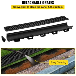 VEVOR Trench Drain System, Channel Drain with Plastic Grate, 5.9x7.5-Inch HDPE Drainage Trench, Black Plastic Garage Floor Drain, 5x39 Trench Drain Grate, with 5 End Caps, for Garden, Driveway-5 Pack