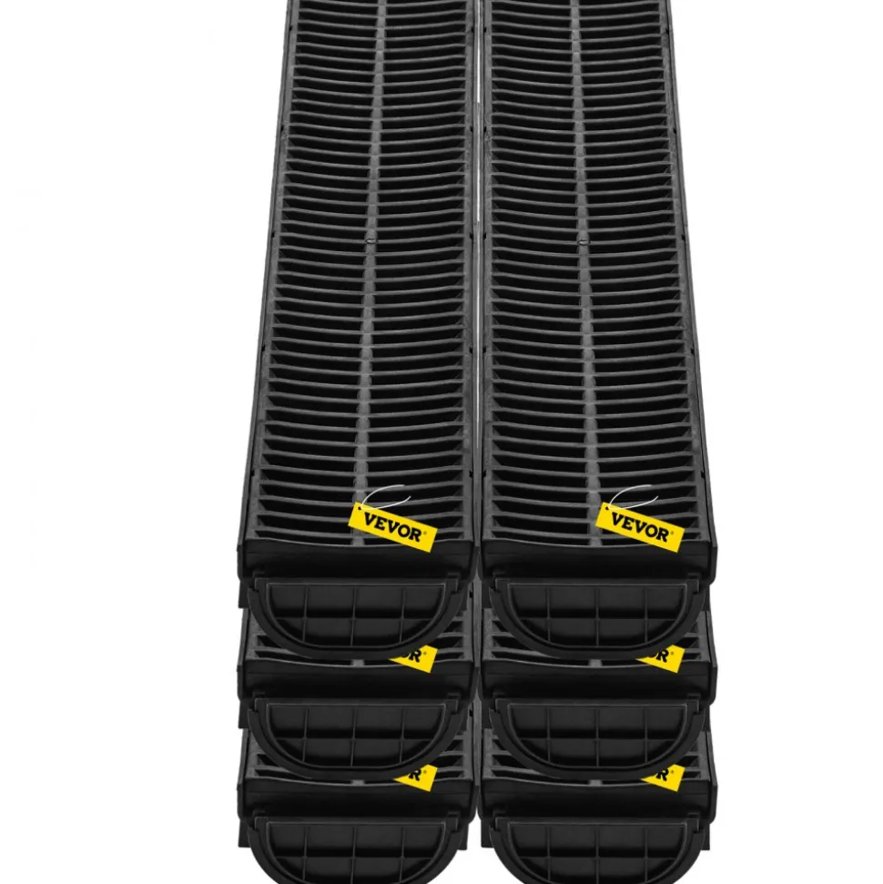 VEVOR Trench Drain System, Channel Drain with Plastic Grate, 5.9x7.5-Inch HDPE Drainage Trench, Black Plastic Garage Floor Drain, 5x39 Trench Drain Grate, with 5 End Caps, for Garden, Driveway-5 Pack