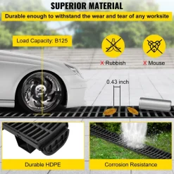 VEVOR Trench Drain System, Channel Drain with Plastic Grate, 5.9x7.5-Inch HDPE Drainage Trench, Black Plastic Garage Floor Drain, 5x39 Trench Drain Grate, with 5 End Caps, for Garden, Driveway-5 Pack