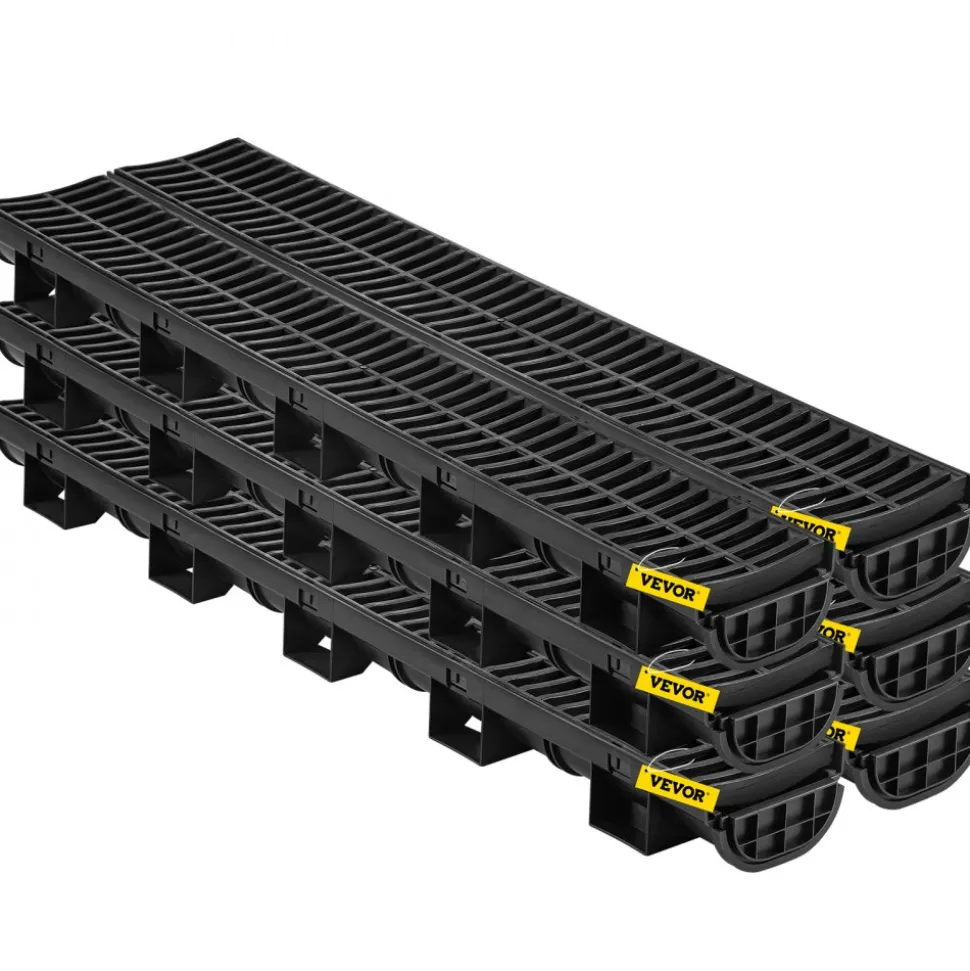 VEVOR Trench Drain System, Channel Drain with Plastic Grate, 5.9x7.5-Inch HDPE Drainage Trench, Black Plastic Garage Floor Drain, 5x39 Trench Drain Grate, with 5 End Caps, for Garden, Driveway-5 Pack