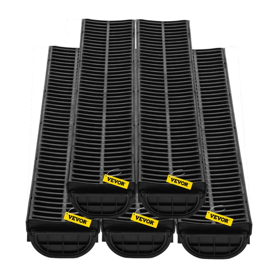 VEVOR Trench Drain System, Channel Drain with Plastic Grate, 5.7x3.1-Inch HDPE Drainage Trench, Black Plastic Garage Floor Drain, 5x39 Trench Drain Grate, with 5 End Caps, for Garden, Driveway-5 Pack