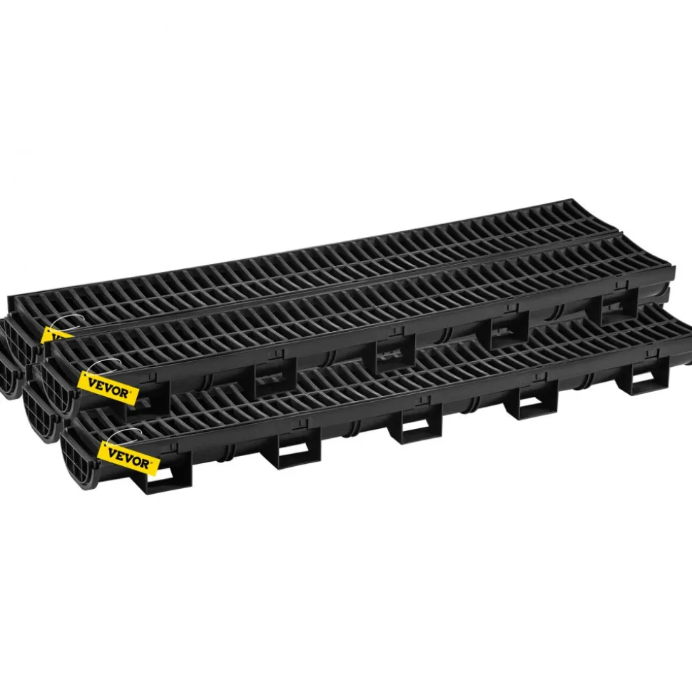VEVOR Trench Drain System, Channel Drain with Plastic Grate, 5.7x3.1-Inch HDPE Drainage Trench, Black Plastic Garage Floor Drain, 5x39 Trench Drain Grate, with 5 End Caps, for Garden, Driveway-5 Pack