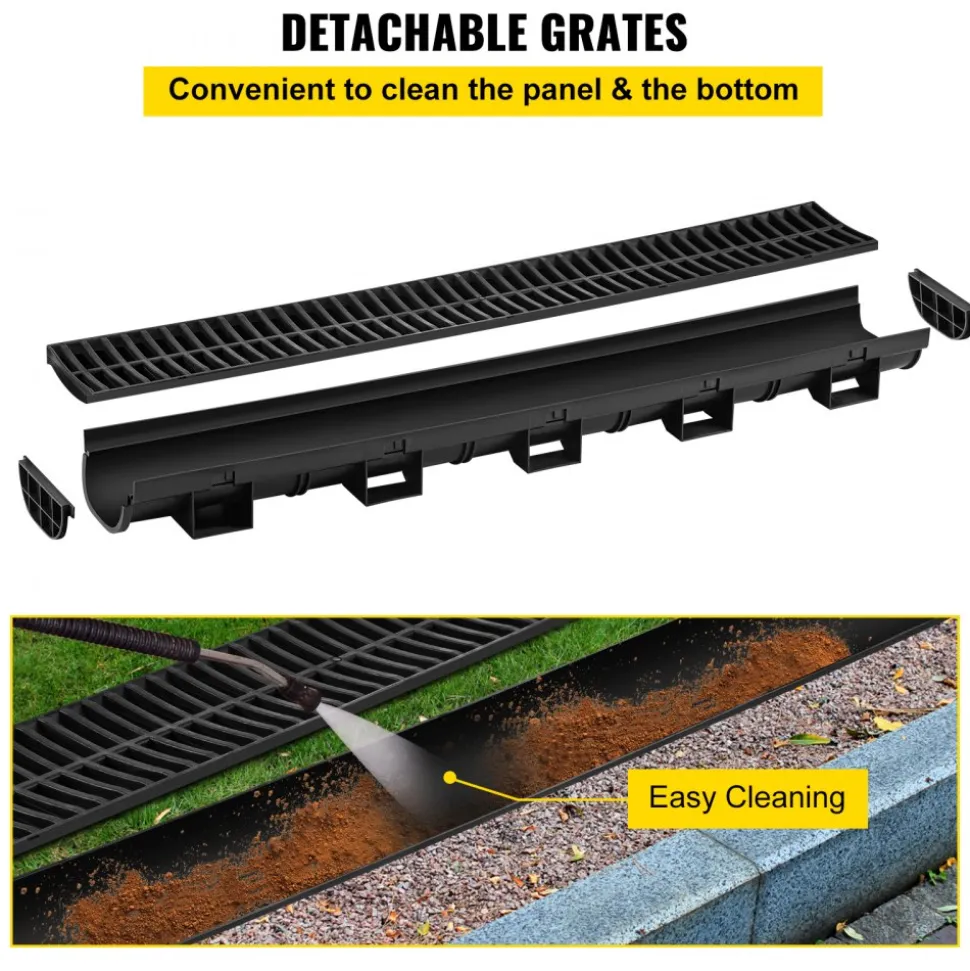 VEVOR Trench Drain System, Channel Drain with Plastic Grate, 5.7x3.1-Inch HDPE Drainage Trench, Black Plastic Garage Floor Drain, 5x39 Trench Drain Grate, with 5 End Caps, for Garden, Driveway-5 Pack