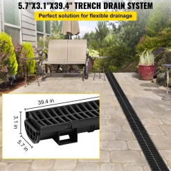 VEVOR Trench Drain System, Channel Drain with Plastic Grate, 5.7x3.1-Inch HDPE Drainage Trench, Black Plastic Garage Floor Drain, 5x39 Trench Drain Grate, with 5 End Caps, for Garden, Driveway-5 Pack