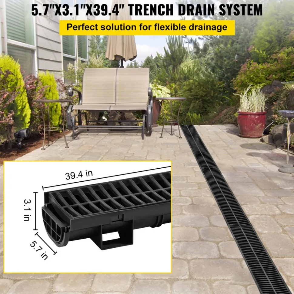 VEVOR Trench Drain System, Channel Drain with Plastic Grate, 5.7x3.1-Inch HDPE Drainage Trench, Black Plastic Garage Floor Drain, 5x39 Trench Drain Grate, with 5 End Caps, for Garden, Driveway-5 Pack