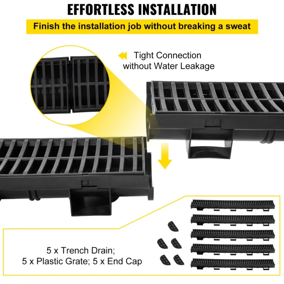 VEVOR Trench Drain System, Channel Drain with Plastic Grate, 5.7x3.1-Inch HDPE Drainage Trench, Black Plastic Garage Floor Drain, 5x39 Trench Drain Grate, with 5 End Caps, for Garden, Driveway-5 Pack