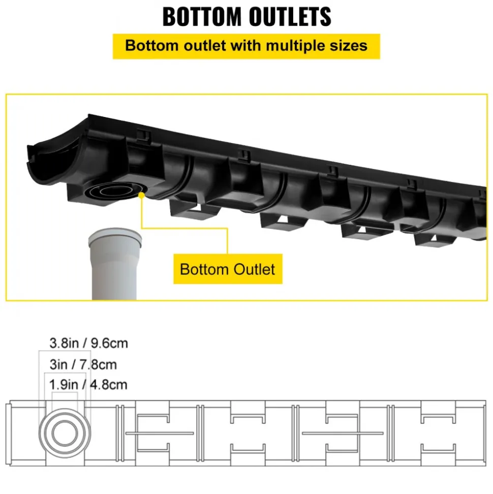 VEVOR Trench Drain System, Channel Drain with Plastic Grate, 5.7x3.1-Inch HDPE Drainage Trench, Black Plastic Garage Floor Drain, 5x39 Trench Drain Grate, with 5 End Caps, for Garden, Driveway-5 Pack