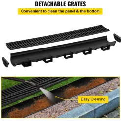 VEVOR Trench Drain System, Channel Drain with Plastic Grate, 5.7x3.1-Inch HDPE Drainage Trench, Black Plastic Garage Floor Drain, 3x39 Trench Drain Grate, with 3 End Caps, for Garden, Driveway-3 Pack