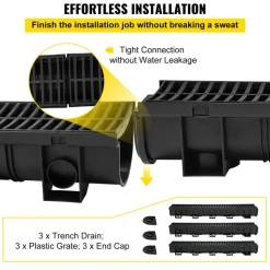 VEVOR Trench Drain System,5.8x5.2x39.4-Inch HDPE Drainage Trench,Channel Drain with Plastic Grate,Black Plastic Garage Floor Drain,3x39 Trench Drain Grate,with 3 End Caps, for Garden, Driveway-3 Pack