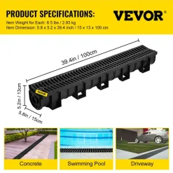 VEVOR Trench Drain System,5.8x5.2x39.4-Inch HDPE Drainage Trench,Channel Drain with Plastic Grate,Black Plastic Garage Floor Drain,3x39 Trench Drain Grate,with 3 End Caps, for Garden, Driveway-3 Pack