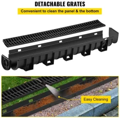 VEVOR Trench Drain System,5.8x5.2x39.4-Inch HDPE Drainage Trench,Channel Drain with Plastic Grate,Black Plastic Garage Floor Drain,3x39 Trench Drain Grate,with 3 End Caps, for Garden, Driveway-3 Pack