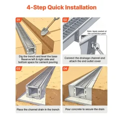VEVOR Trench Drain, 43.3 x 5.8 x 5.5 in, Linear Drainage Channel with Carbon Steel Grate, 304 Stainless Steel Channel Drain, Premium Outdoor Drainage System for Driveway, Patio, Pool, Garden, Silver