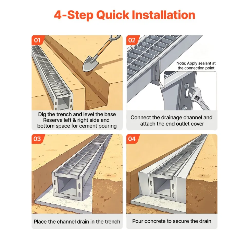 VEVOR Trench Drain, 43.3 x 5.8 x 5.5 in, Linear Drainage Channel with Carbon Steel Grate, 304 Stainless Steel Channel Drain, Premium Outdoor Drainage System for Driveway, Patio, Pool, Garden, Silver