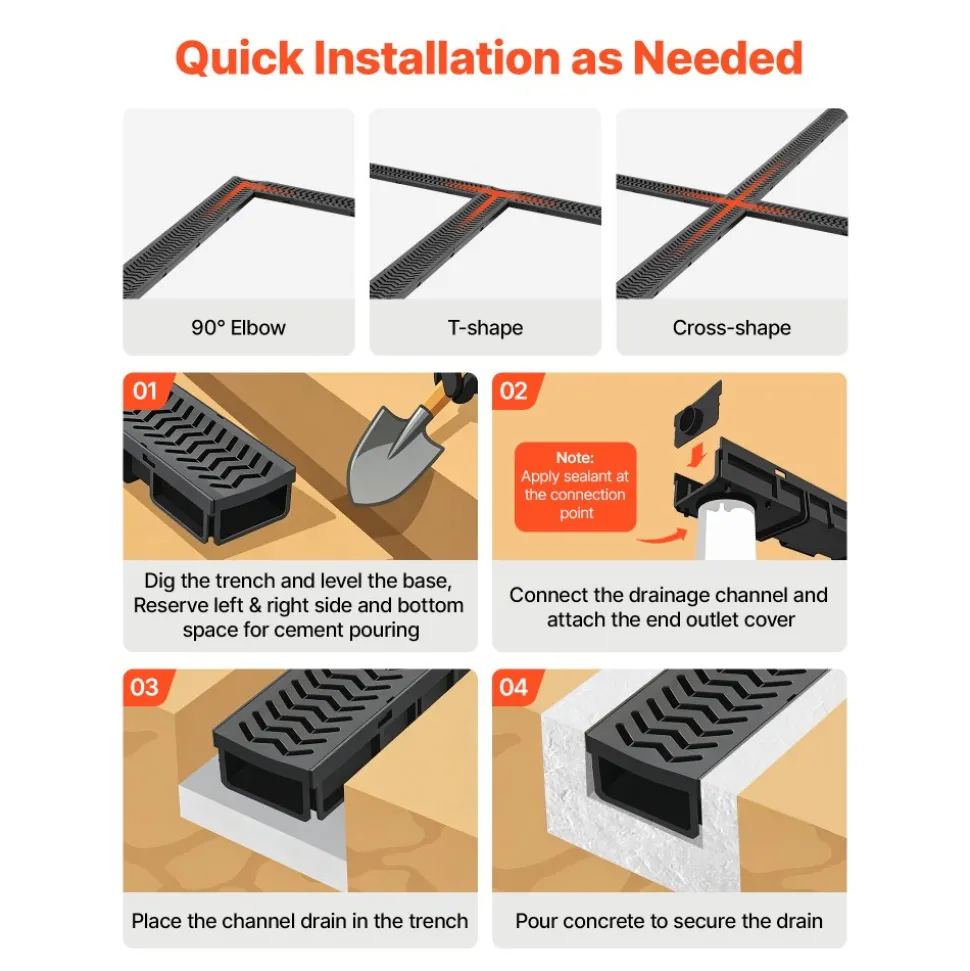 VEVOR Trench Drain, 39.6 x 4.1 x 2.4 in, 5 Pack Linear Drainage Channel, HDPE Channel Drain with Grates & End Caps, Premium Outdoor Drainage System for Driveway, Patio, Pool, Garden, Yard, Black