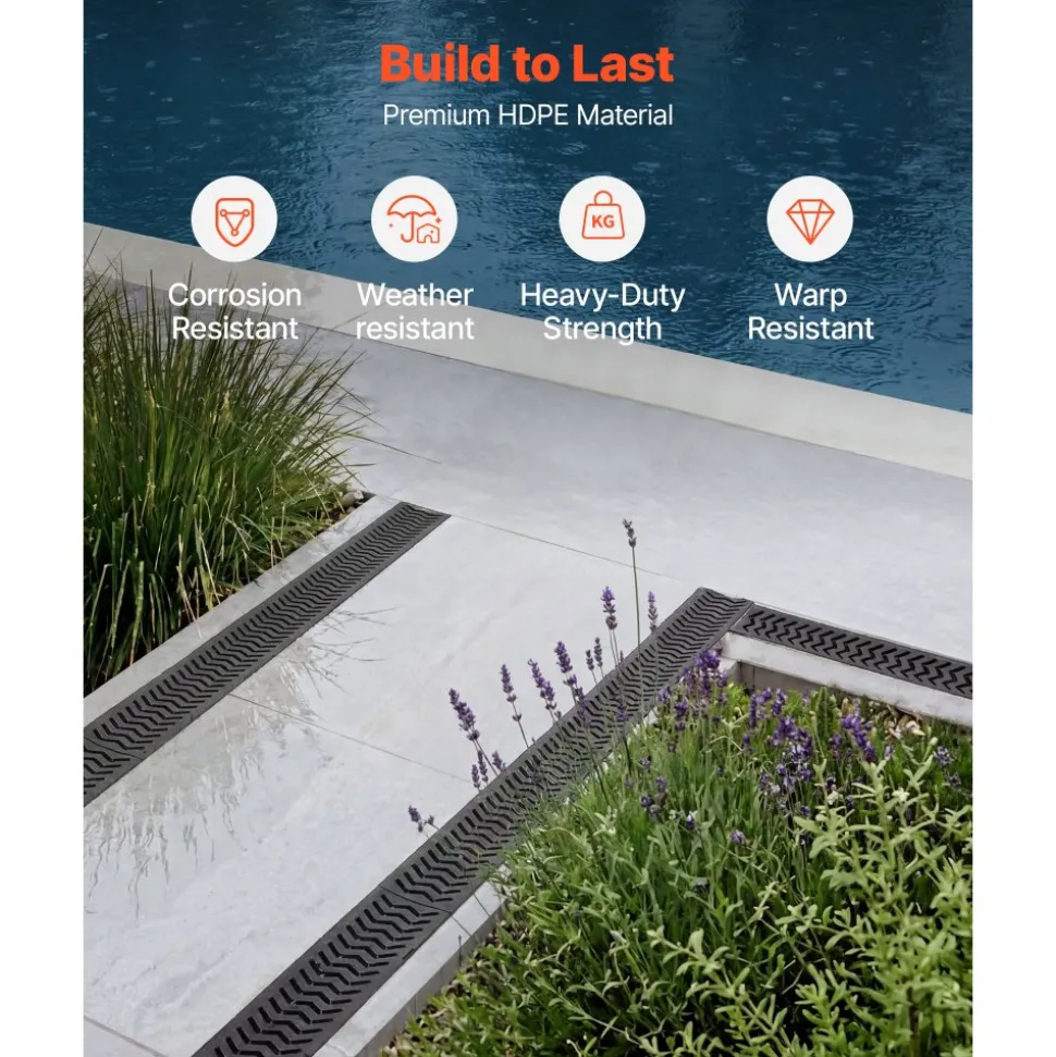 VEVOR Trench Drain, 39.6 x 4.1 x 2.4 in, 5 Pack Linear Drainage Channel, HDPE Channel Drain with Grates & End Caps, Premium Outdoor Drainage System for Driveway, Patio, Pool, Garden, Yard, Black