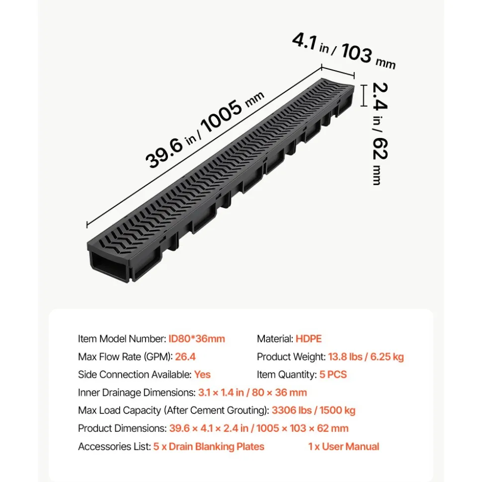 VEVOR Trench Drain, 39.6 x 4.1 x 2.4 in, 5 Pack Linear Drainage Channel, HDPE Channel Drain with Grates & End Caps, Premium Outdoor Drainage System for Driveway, Patio, Pool, Garden, Yard, Black
