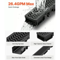 VEVOR Trench Drain, 39.6 x 4.1 x 2.4 in, 5 Pack Linear Drainage Channel, HDPE Channel Drain with Grates & End Caps, Premium Outdoor Drainage System for Driveway, Patio, Pool, Garden, Yard, Black