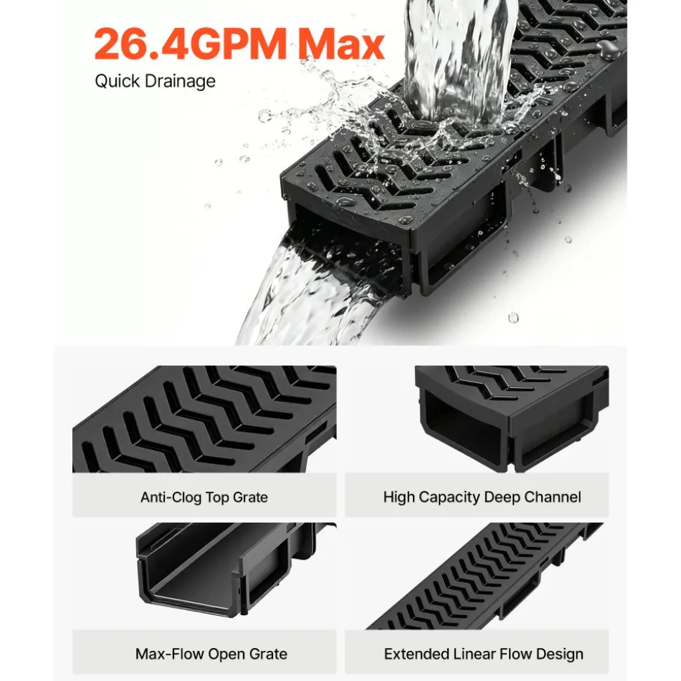 VEVOR Trench Drain, 39.6 x 4.1 x 2.4 in, 5 Pack Linear Drainage Channel, HDPE Channel Drain with Grates & End Caps, Premium Outdoor Drainage System for Driveway, Patio, Pool, Garden, Yard, Black