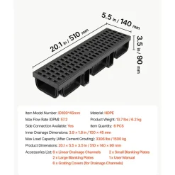 VEVOR Trench Drain, 20.1 x 5.5 x 3.5 in, 6 Pack Linear Drainage Channel, HDPE Channel Drain with Grates & End Caps, Premium Outdoor Drainage System for Driveway, Patio, Pool, Garden, Yard, Black