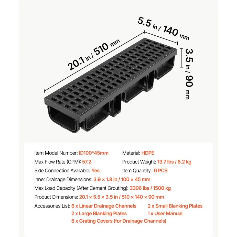 VEVOR Trench Drain, 20.1 x 5.5 x 3.5 in, 6 Pack Linear Drainage Channel, HDPE Channel Drain with Grates & End Caps, Premium Outdoor Drainage System for Driveway, Patio, Pool, Garden, Yard, Black