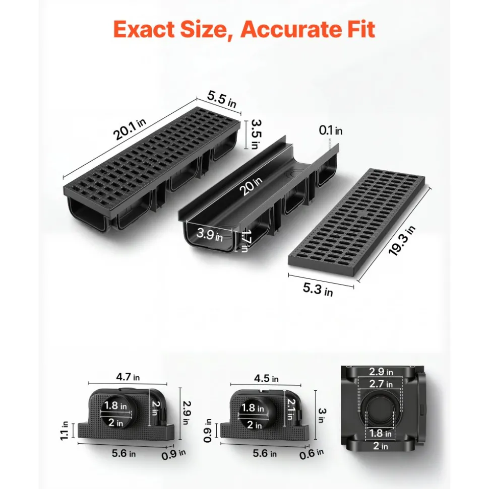 VEVOR Trench Drain, 20.1 x 5.5 x 3.5 in, 6 Pack Linear Drainage Channel, HDPE Channel Drain with Grates & End Caps, Premium Outdoor Drainage System for Driveway, Patio, Pool, Garden, Yard, Black