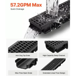 VEVOR Trench Drain, 20.1 x 5.5 x 3.5 in, 6 Pack Linear Drainage Channel, HDPE Channel Drain with Grates & End Caps, Premium Outdoor Drainage System for Driveway, Patio, Pool, Garden, Yard, Black