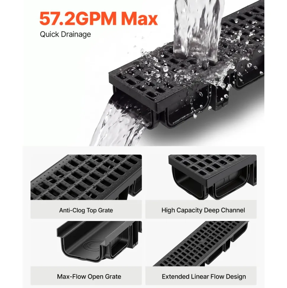 VEVOR Trench Drain, 20.1 x 5.5 x 3.5 in, 6 Pack Linear Drainage Channel, HDPE Channel Drain with Grates & End Caps, Premium Outdoor Drainage System for Driveway, Patio, Pool, Garden, Yard, Black