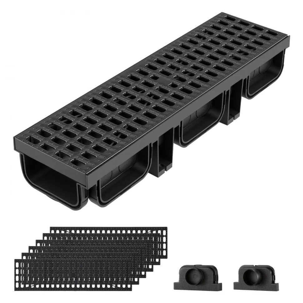 VEVOR Trench Drain, 20.1 x 5.5 x 3.5 in, 6 Pack Linear Drainage Channel, HDPE Channel Drain with Grates & End Caps, Premium Outdoor Drainage System for Driveway, Patio, Pool, Garden, Yard, Black