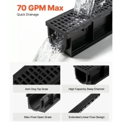 VEVOR Trench Drain, 40.2 x 6.6 x 5.5 in, 6 Pack Linear Drainage Channel, HDPE Channel Drain with Grates & End Caps, Premium Outdoor Drainage System for Driveway, Patio, Pool, Garden, Yard, Black